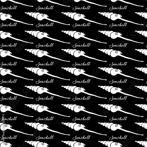 Silhouette of Sea Spindle Tibia. Seamless pattern of seashells and calligraphy. Black and white hand-drawn collection. Vector illustration.