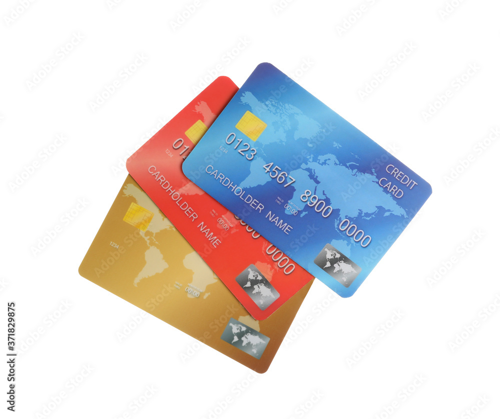 Different plastic credit cards on white background Different plastic credit cards on white background