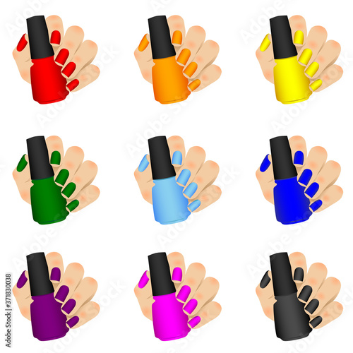Vector set of hands holding a bottles of nail polish. Set of isolated icons.