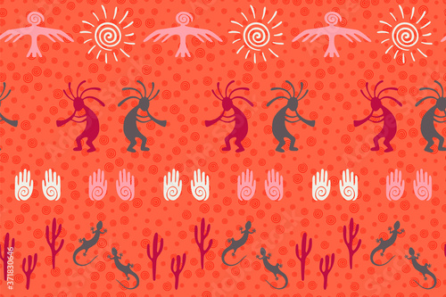 Mythical, design with trickster god, swirl icons on human palm, sun, eagle.