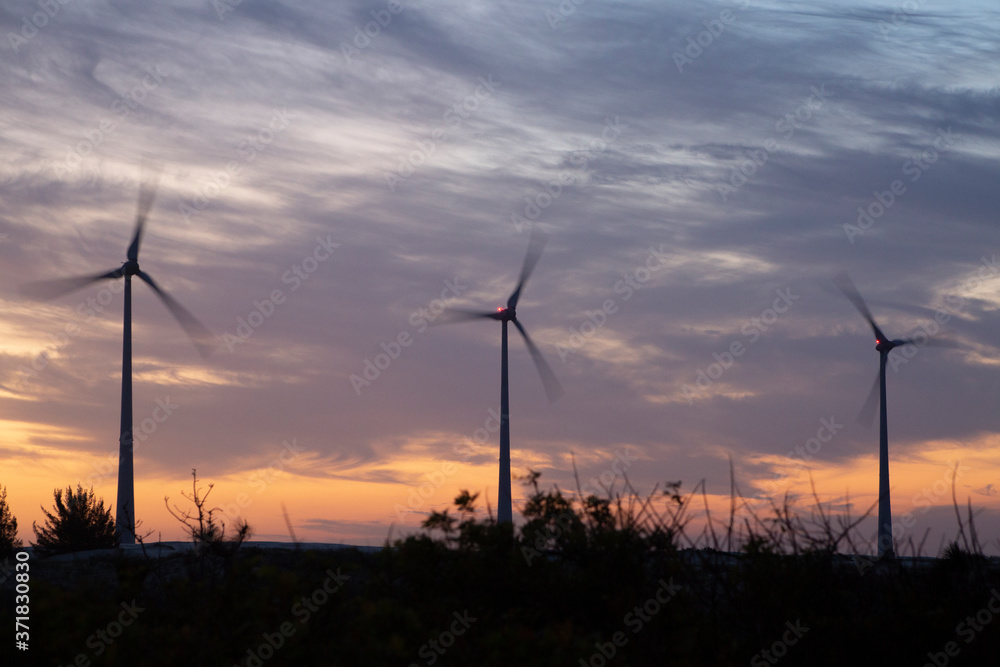 Obraz premium wind turbines at sunset