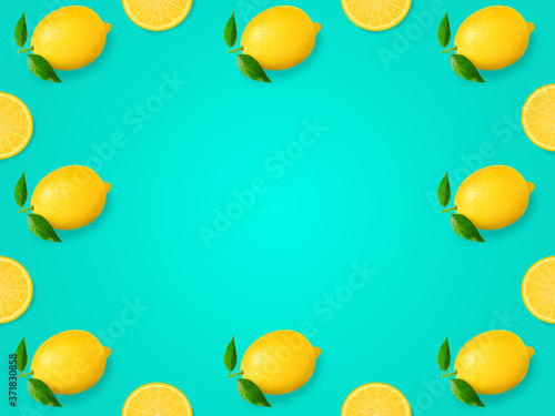 Fresh lemons pattern on turquoise background. Summer minimal concept. Flat lay creativity with copy space 