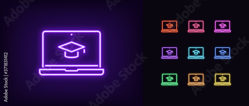 Neon online education icon. Glowing neon webinar sign, digital study on laptop