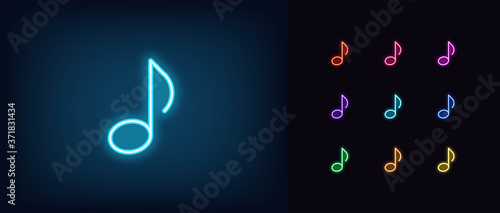 Neon music note icon. Glowing neon note sign, melody
