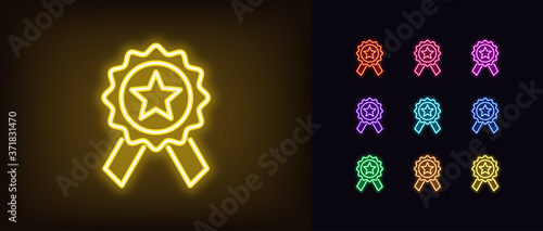 Neon medal icon. Glowing neon award sign, medallion with star