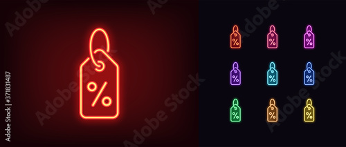 Neon discount icon. Glowing neon discount tag with percent sign, product sale