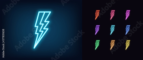 Neon lightning bolt icon. Glowing neon thunder flash sign, electrical discharge