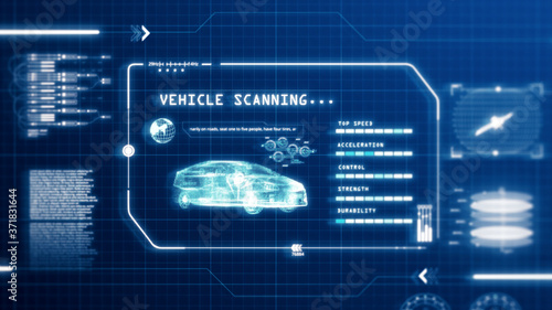 HUD driving car speed user interface computer screen display with pixels background. Blue abstract digital transformation hologram holographic technology concept. Sci-fi. 3D illustration rendering