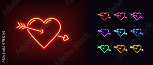 Neon heart icon. Glowing neon heart sign with cupid arrow, amour shape