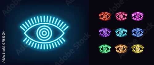 Neon magic eye icon. Glowing neon eye sign with circle iris, spiritual vision
