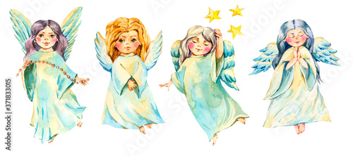 Set of watercolor angel with wings isolated on white background. Christmas angel illustration