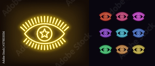 Neon magic eye icon. Glowing neon eye sign with star iris, spiritual vision