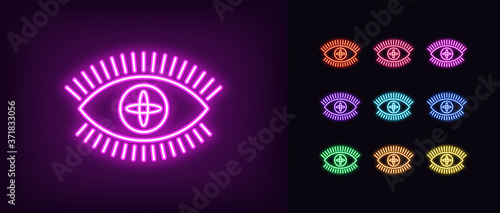Neon magic eye icon. Glowing neon eye sign with galaxy iris, spiritual vision