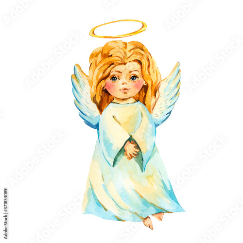 Watercolor angel with wings isolated on white background. Christmas angel illustration