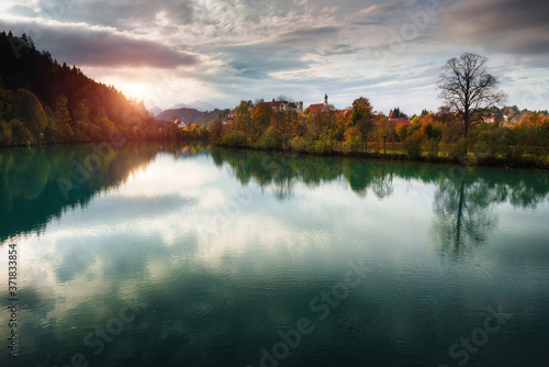 Amazing autumn landscape at sunset. View on Fussen town and Lech river. Bavaria. Southern Germany. © vovik_mar