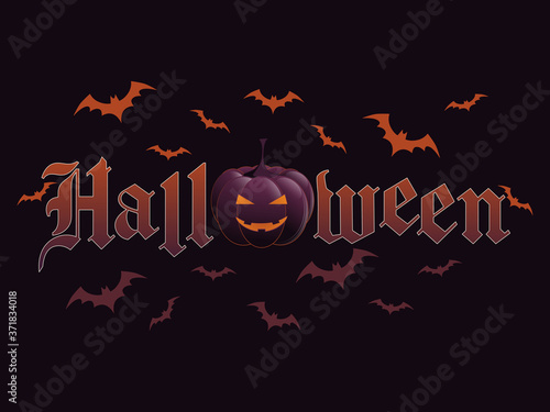 Halloween vector black background with purple pumpkin and red bats