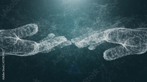 Digital hands touching. Arm in virtual reality meets artificial intelligence.