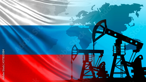 Flag of Russia next to pumps for oil production. Concept - hydrocarbon market in Russia. Extraction Urals grade crude oil. Silhouettes of different continents. Export of Russian oil other countries