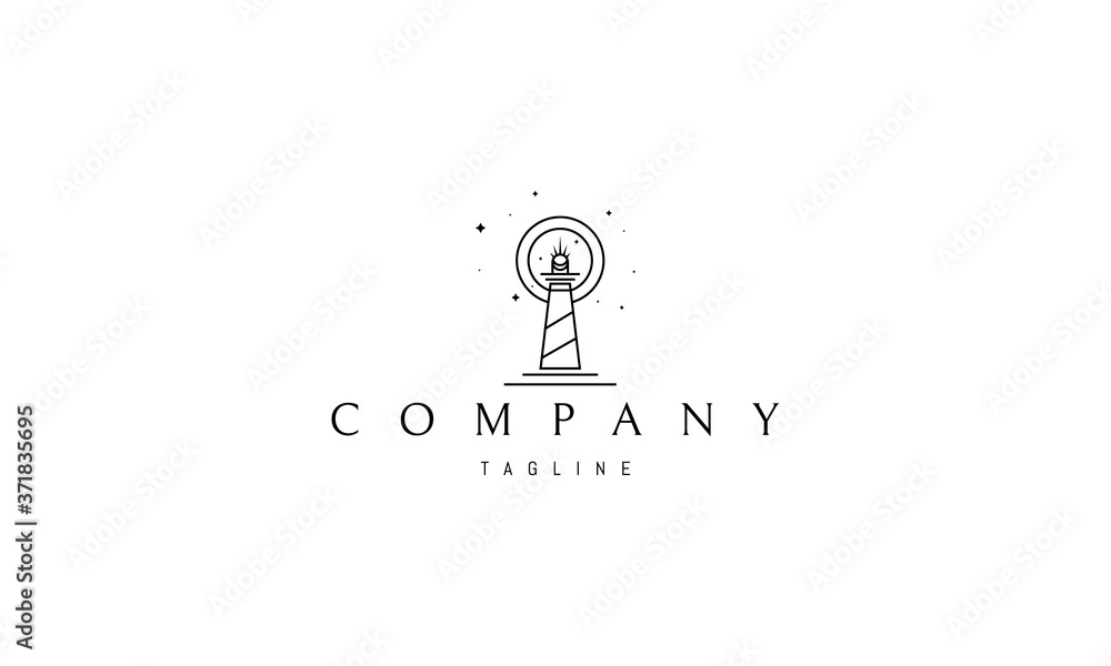 Vector logo on which an abstract image of a lighthouse with the sun instead of a spotlight and circles around.