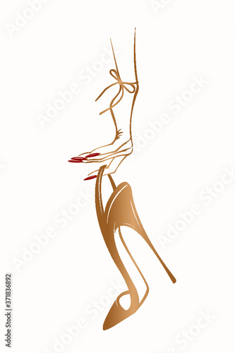 Woman hand with beautiful red nail polish manicure and red stiletto shoe.High heels fashion item.Accessories, style and beauty illustration.Elegant, luxury nails art and footwear.