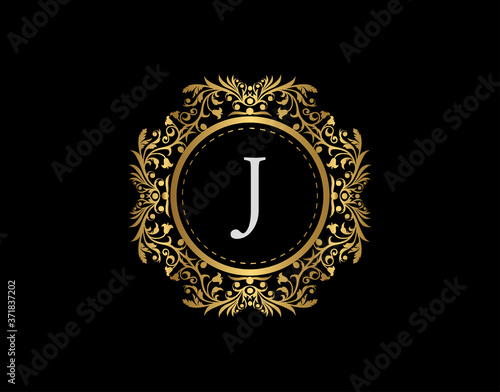 Luxury Badge Letter J Logo. Luxury gold calligraphic emblem with beautiful classic floral ornament. Classy Frame design Vector illustration.