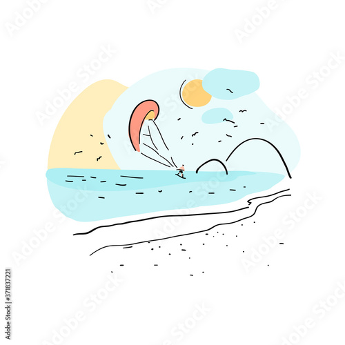Kite surfing. Extreme sports. Hand drawn vector summer background. Simple drawing with beach. Useful for poster, card, banner and web design