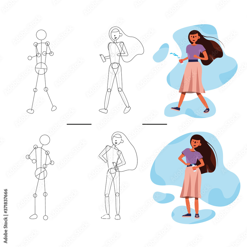 Vector people image. Characters illustration. Building the image of a girl. Dynamic and static skeleton