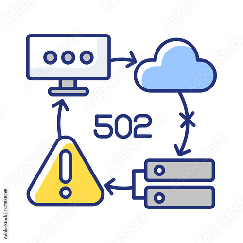 Bad gateway notification RGB color icon. Website access failure. HTTP status code, 502 error message. Invalid proxy server response. Isolated vector illustration