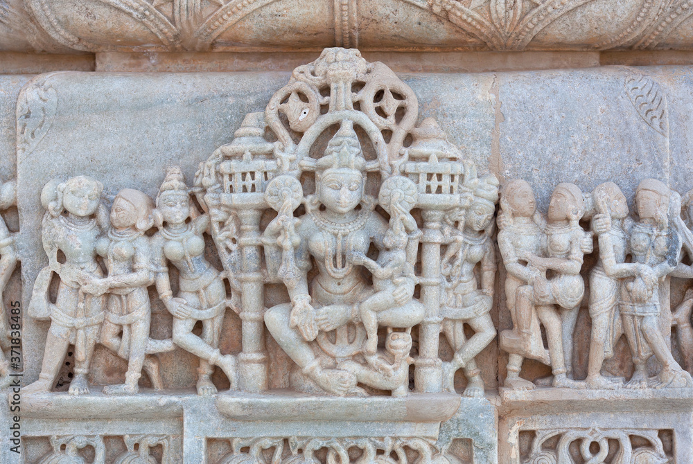 Bas-relief at famous ancient Ranakpur Jain temple in Rajasthan, India