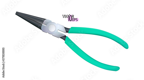 Realistic needle nose pliers with plastic or rubber handles isolated on white background. Hand tools for repair and construction. Vector illustration.