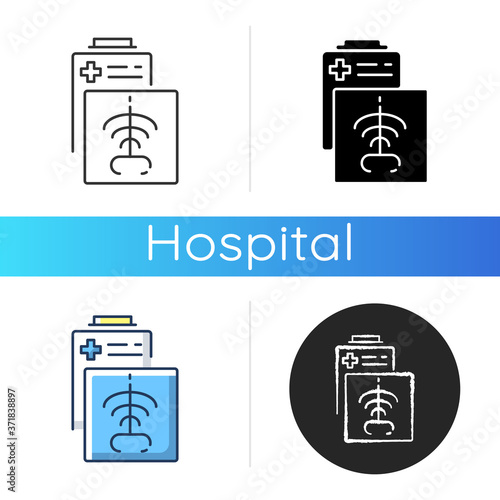 Radiology department icon. Radiation medicine. Radiologic technologist. CT scan. X rays radiography. Diagnosis. Examination. Linear black and RGB color styles. Isolated vector illustrations