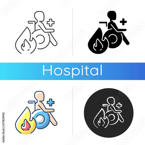 Burn center icon. Burn unit. Patient with burns treatment and recovery. Skin injury. Medical healthcare. Healing center. Linear black and RGB color styles. Isolated vector illustrations
