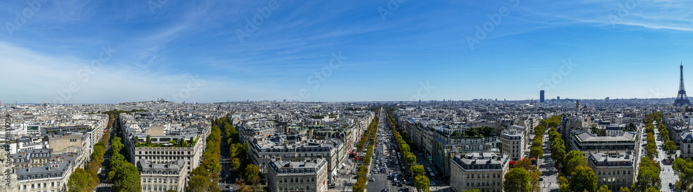 Large aerial view of Paris with Eiffel tower and Montmartre