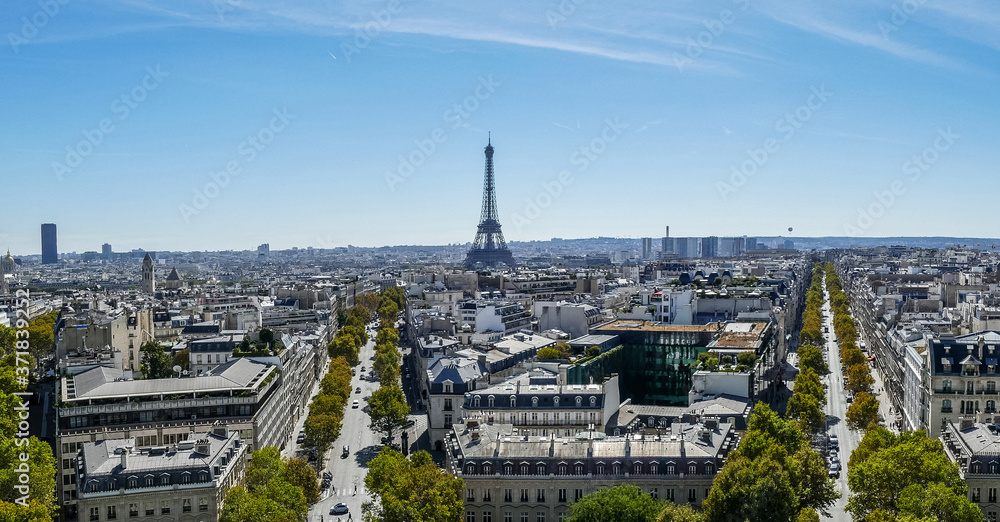 Aerial view of Paris and the Eiffel Tower from the Arch of Triomphe