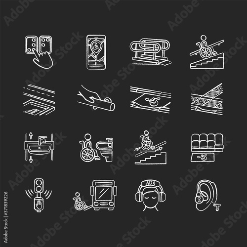 Accessibility facilities chalk white icons set on black background. Handrails and stair lift. Adjustable height sink. Acoustic traffic lights signals. Isolated vector chalkboard illustrations