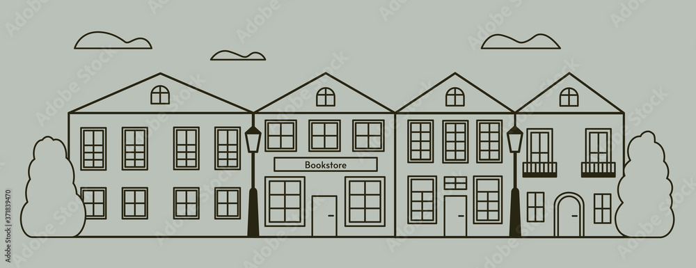A city street with two-story houses and a bookstore. Vector illustration. Green background.