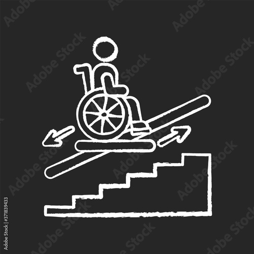 Stair lift chalk white icon on black background. Wheelchair platforms and stairlifts for disabled users. Outdoor stair lift elevator. City infrastructure. Isolated vector chalkboard illustration