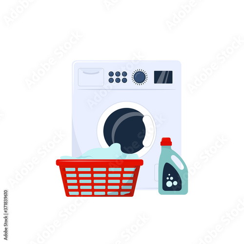 Washing machine with powder and laundry basket. Modern vector illustration in flat style