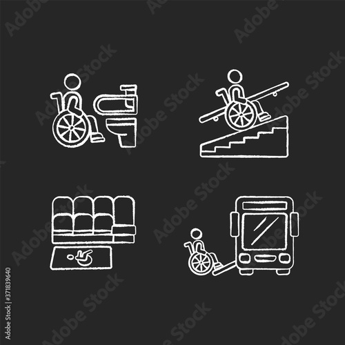 Wheelchair users facilities chalk white icons set on black background. Avoiding stairs. Accessible toilet. Vertical platform lift. City infrastructure. Isolated vector chalkboard illustrations