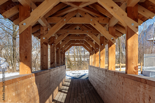 Wooden bridge one point perspective. No people