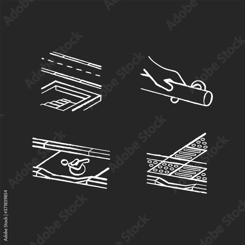 Disabled pedestrian facilities chalk white icons set on black background. Safe pedestrian crosswalk. Modern wall mounted handrails. Tenji blocks. Isolated vector chalkboard illustrations