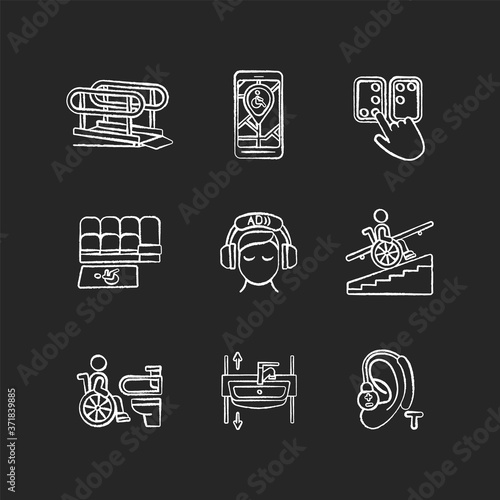 Facilities for people with disabilities chalk white icons set on black background. Accessible seating. Video description. Braille alphabet. Hearing loop. Isolated vector chalkboard illustrations