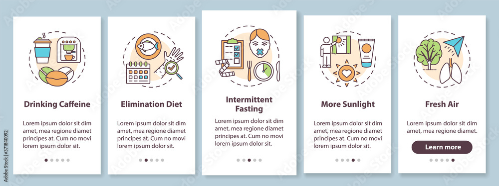Biohacking tips onboarding mobile app page screen with concepts. Health advancement guide walkthrough five steps graphic instructions. UI vector template with RGB color illustrations