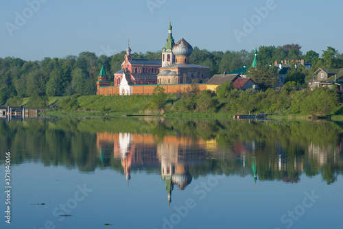 Staraoladozhskiy Nikolskiy Monastery in June morning landscape. Staraya Ladoga, Russia