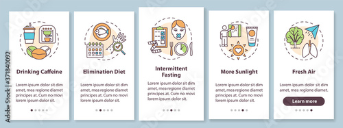 Biohacking tips onboarding mobile app page screen with concepts. Health advancement guide walkthrough five steps graphic instructions. UI vector template with RGB color illustrations © bsd studio