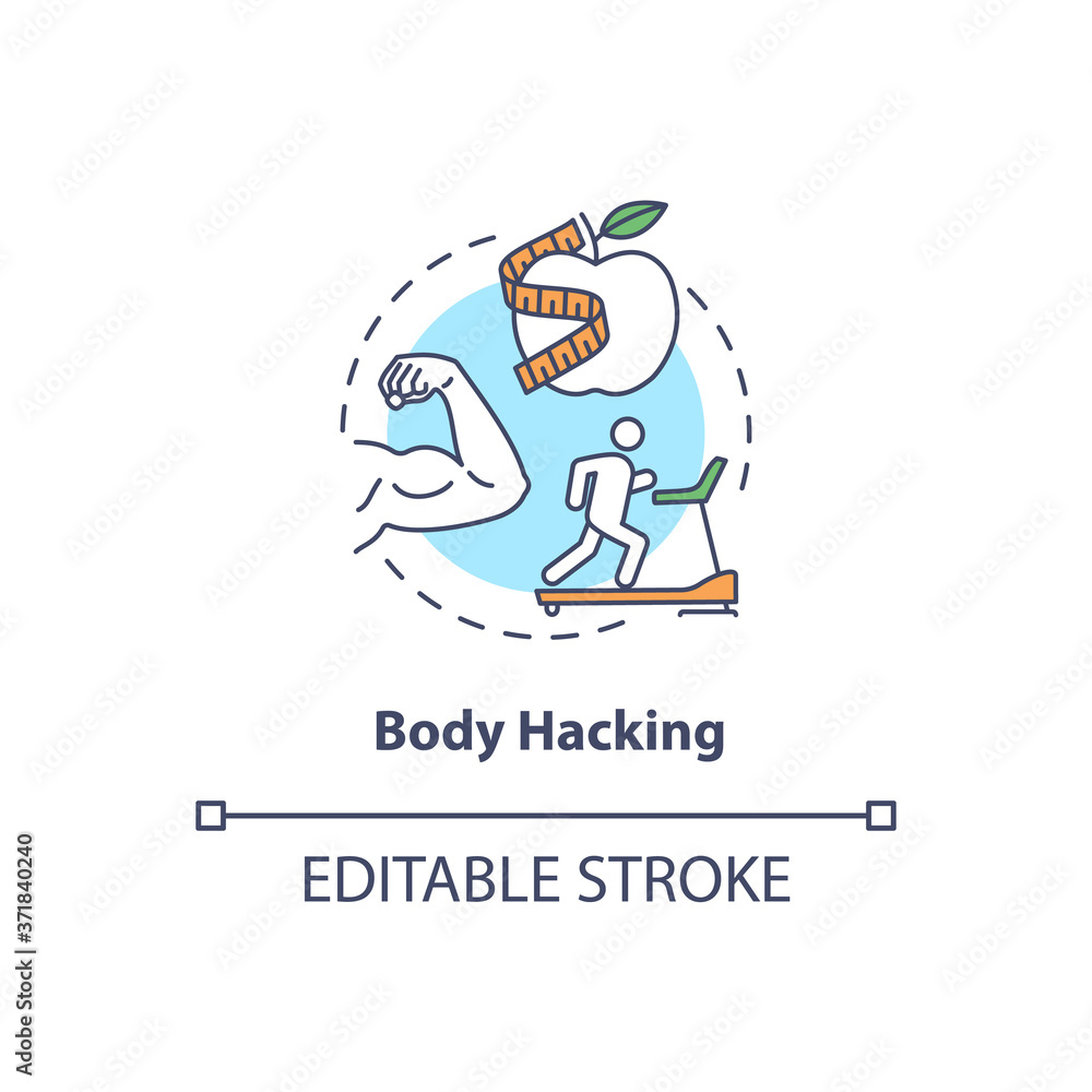 Body hacking concept icon. Healthy lifestyle, biohacking idea thin line illustration. Active physical self improvement, fitness exercise. Vector isolated outline RGB color drawing. Editable stroke