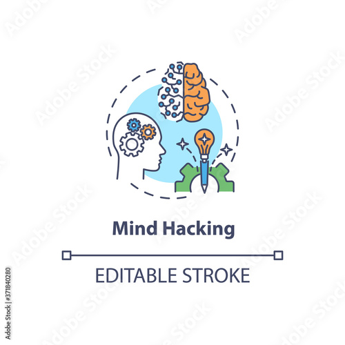 Mind hacking concept icon. Brain training, biohacking idea thin line illustration. Cognitive functions enhancement, memory improvement. Vector isolated outline RGB color drawing. Editable stroke