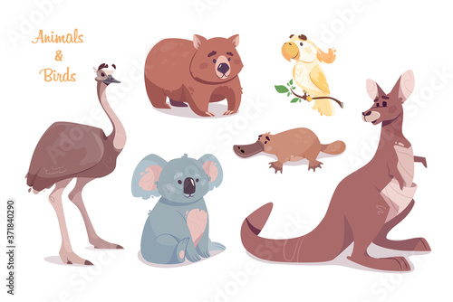 Kangaroo, koala, wombat, emu, cockatoo, platypus, isolated on transparent background. Australian animals vector set. Funny cartoon characters. Wild animals and birds.Illustration of the zoo.