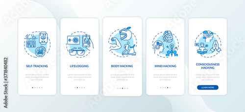Biohacking elements onboarding mobile app page screen with concepts. DIY biology and self improvement walkthrough five steps graphic instructions. UI vector template with RGB color illustrations