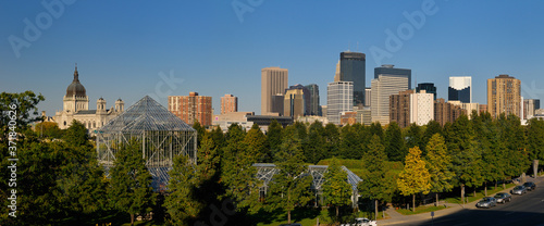 Minneapolis cityscape panorama from the Sculpture Garden Greenhouses with Cathedral and Highrise towers